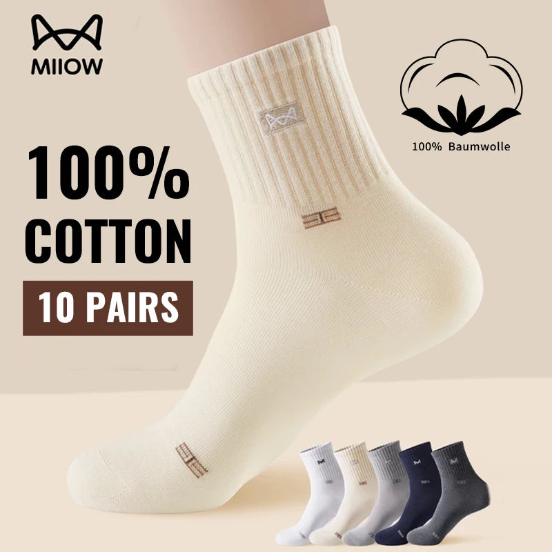 MiiOW 100% Pure Cotton Socks Men Business Dress Long Sock Black White Breathable Sport Sock Antibacterial Anti Odor Crew Socks