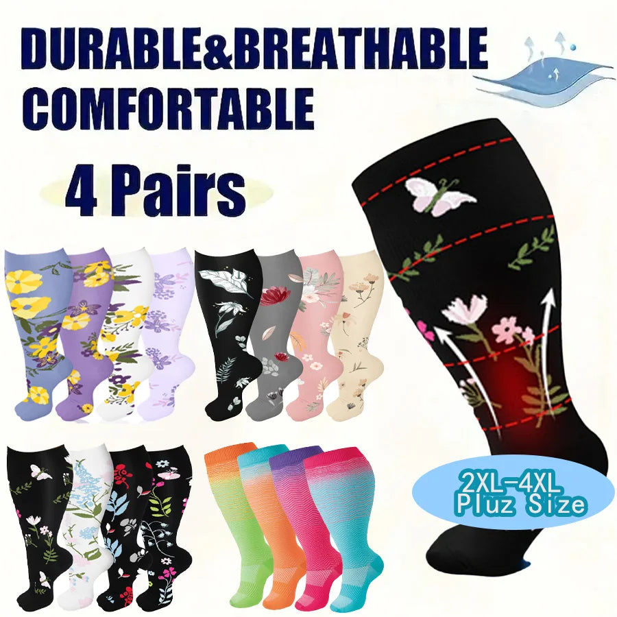 4 Pairs Plus Size Compression Socks For Men And Women -  Support Knee-High Socks, Ideal for Running, Cycling, Travel, and Soccer